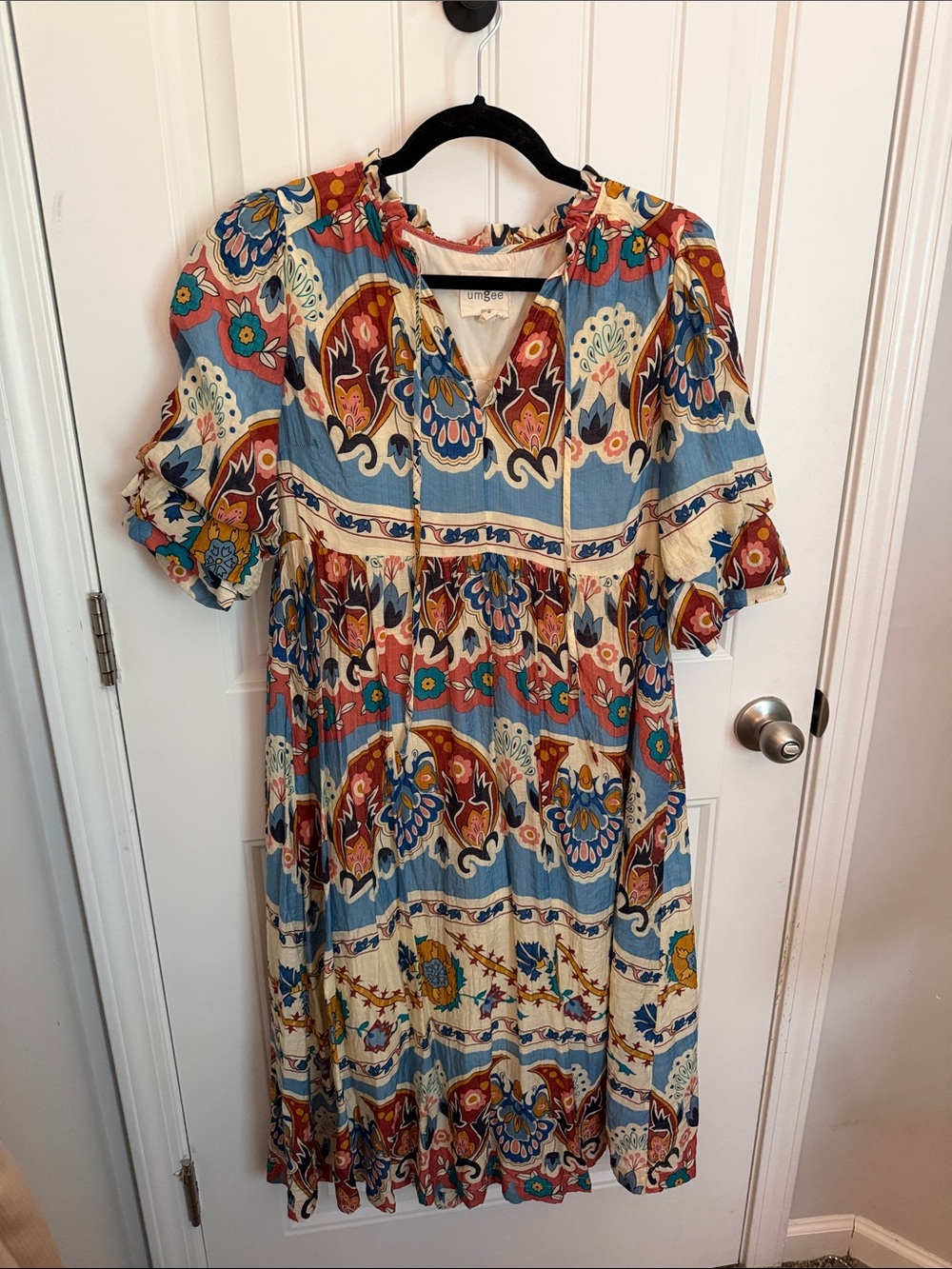 Umgee Blue and Cream Boho Floral Midi Dress